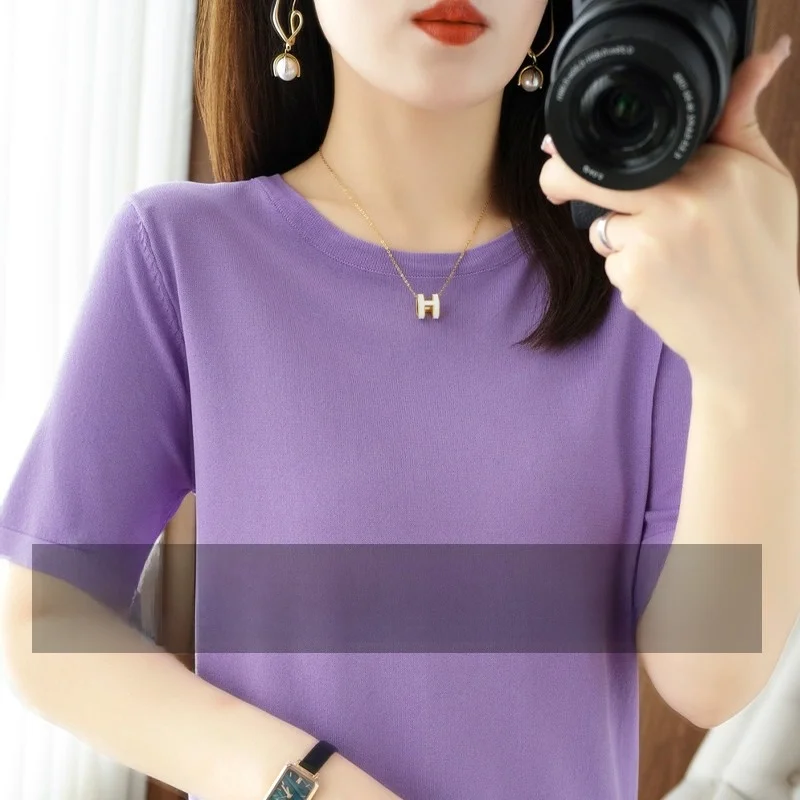 قميص نسائي أنيق من الحرير الصناعي برقبة مستديرة لصيف 2025، فضفاض ومحبوك بأكمام قصيرة، خفيف ومريح كطبقة أساسية #2