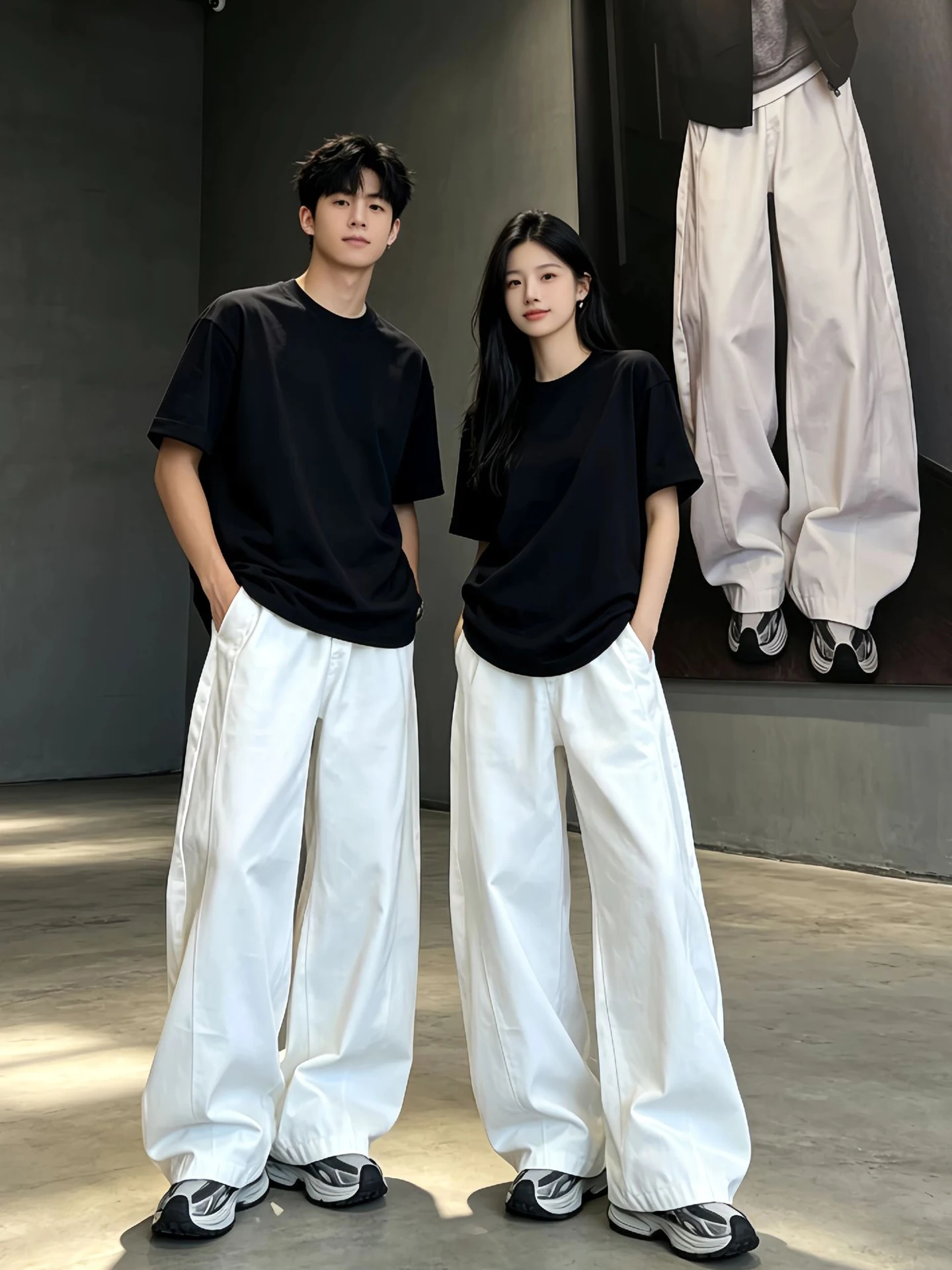 

White Oversize Slim Fit Men's Jeans Summer Thin Wide Leg Jeans Couple's Diagonal Cut Straight Workwear Trousers