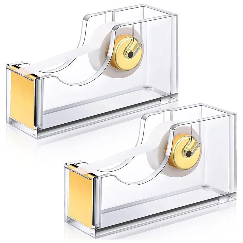 2 Pieces Acrylic Office Tape Dispenser Transparent Gold Tape Dispenser Tape Holder Packing Tape Dispenser Durable Easy To Use