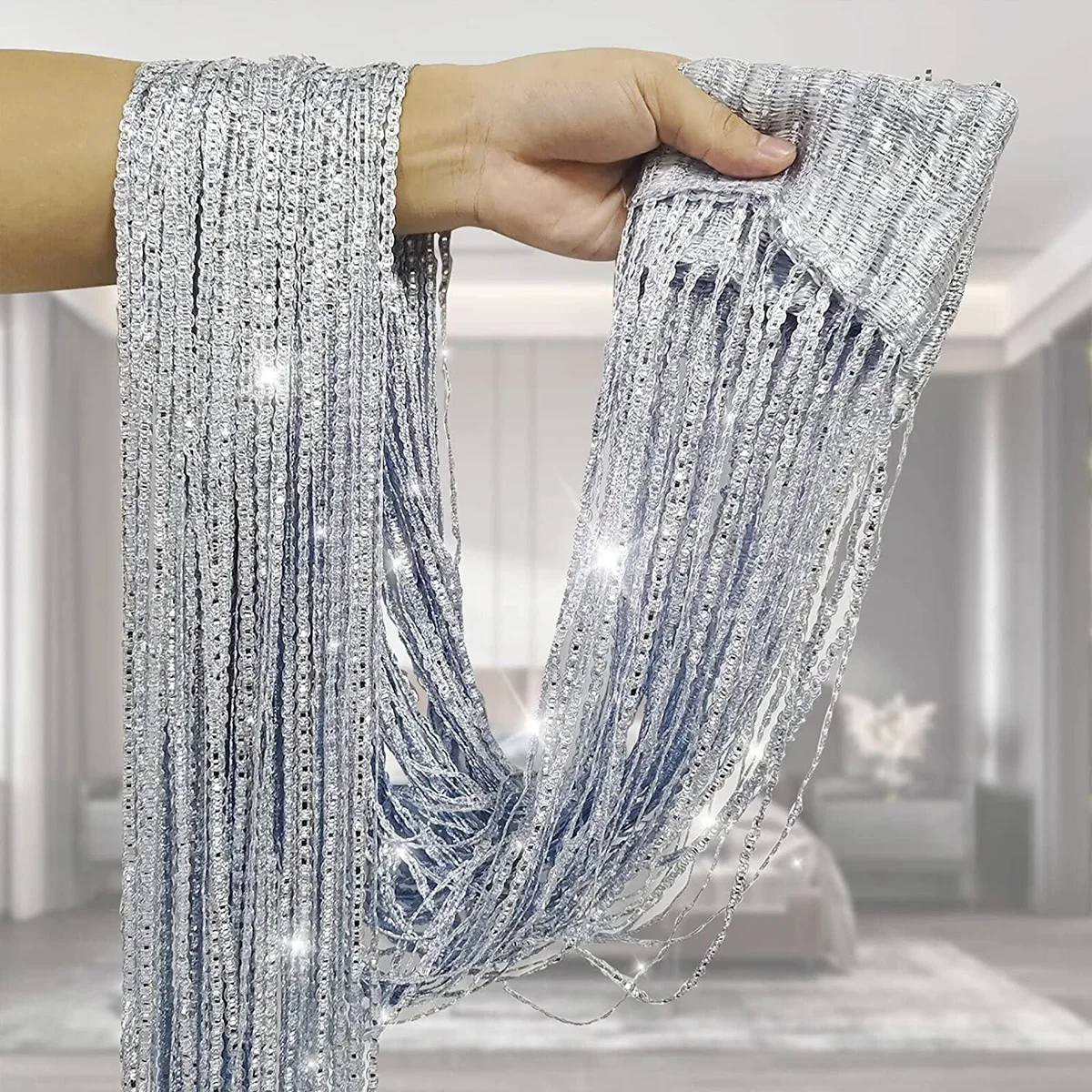 1 Piece Silver Thread Glitter Rope Curtain Bead Decoration Room, Partition Beads Tassel Polyester Fabric Curtain for Living Room.