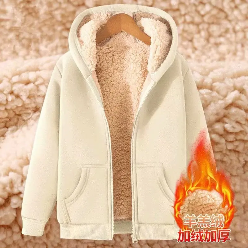 

Men and Women of The Same Simple Solid Color Lamb Wool Hooded Sweater Jacket Autumn and Winter Fleece Thickened Loose