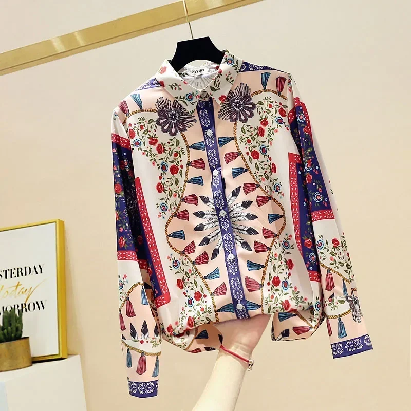 New Spring Autumn Women's Blouse Palace Style Hit Color Floral Long-sleeved Top Retro French Print Loose Female Tops LL307