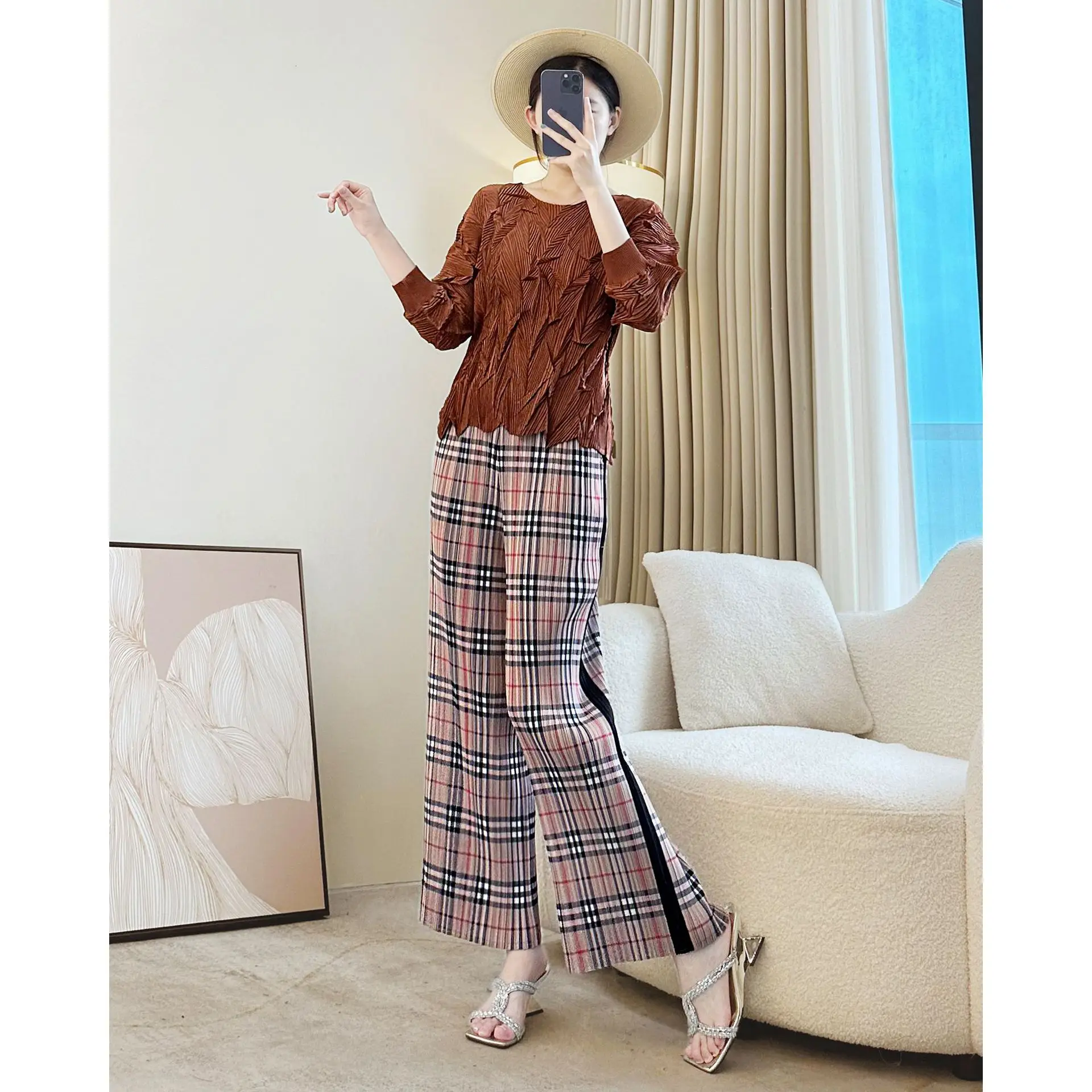 Miyake Pleated Harmony Plaid-print Straight-leg Pants