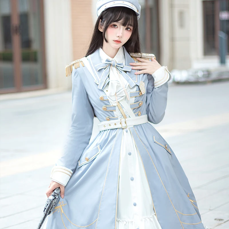 Medieval Retro Japanese Lolita Coat Cloak Military Style Cape Hat Set Long Sleeves Ruffle Classic Gothic Lolita Dress Harajuku