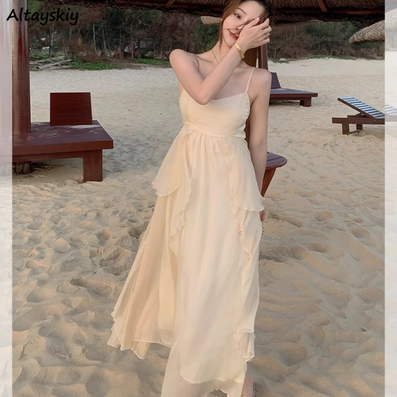 Holiday Midi Dress Women Sleeveless Summer Fashion Backless Ruffles Literary Age-reducing Gentle Fairycore Ins All-match Design