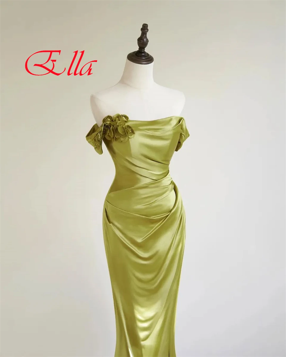 Customized Exquisite Green Satin Evening Dress Delicate Strapless Off the Shoulder Sleeveless Zipper Back Special Occasion Gowns