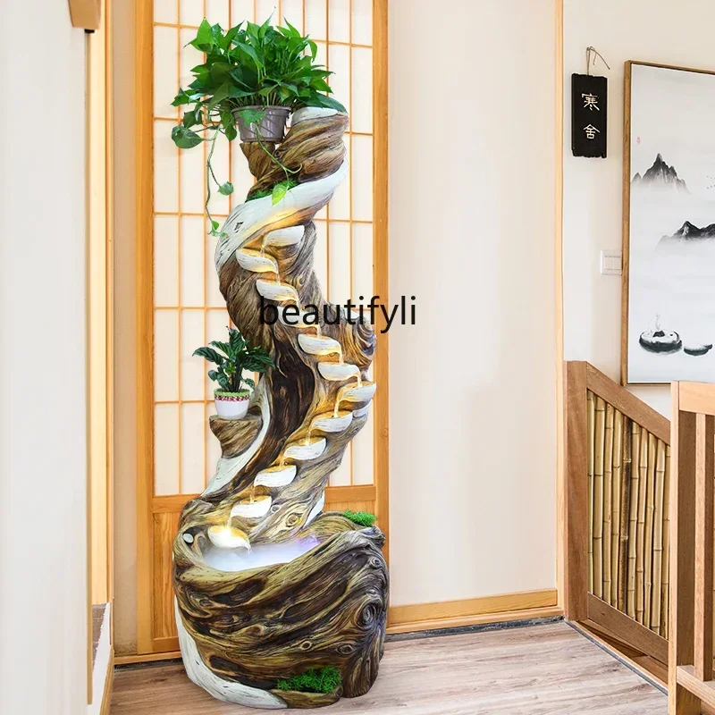 NQ Floor-standing wood carving running water fountain ornaments living room stair corner circulating water fish pond landscaping