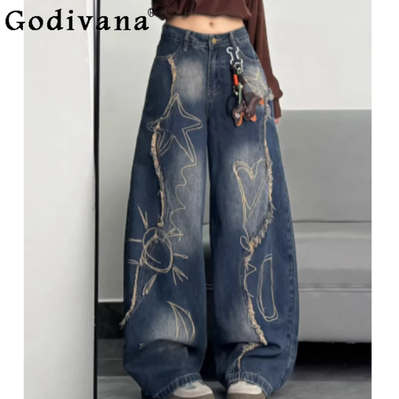 

New Large Size Retro Women Loose Wide-leg Mopping Jeans Fashion High Waist Versatile Age-reducing Blue Printed Straight Trousers