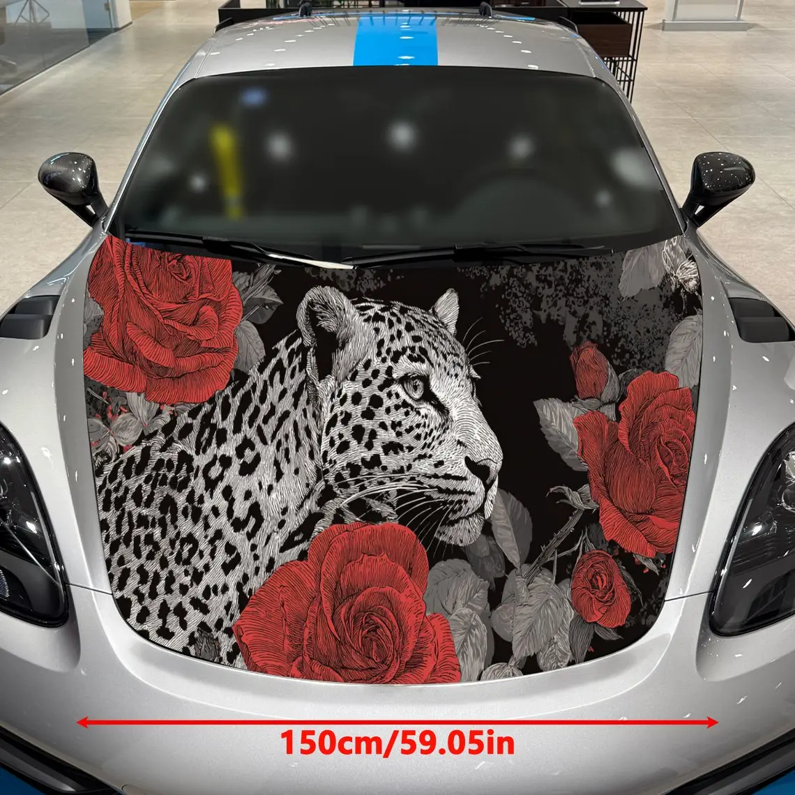 Car Decals A Leopard Design with Red Rose Elements in a Stylish, Monochromatic Textured Background with Artistic, Elegant Visual