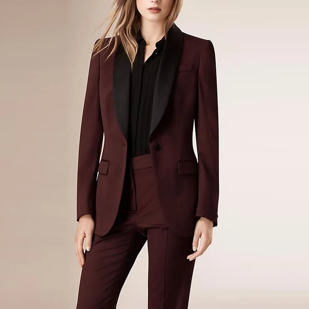 Two-Piece Tuxedo Suit for Women, Wine Color, Simple Wedding Suit Set, Single Button Formal Suit for Ladies, Customized