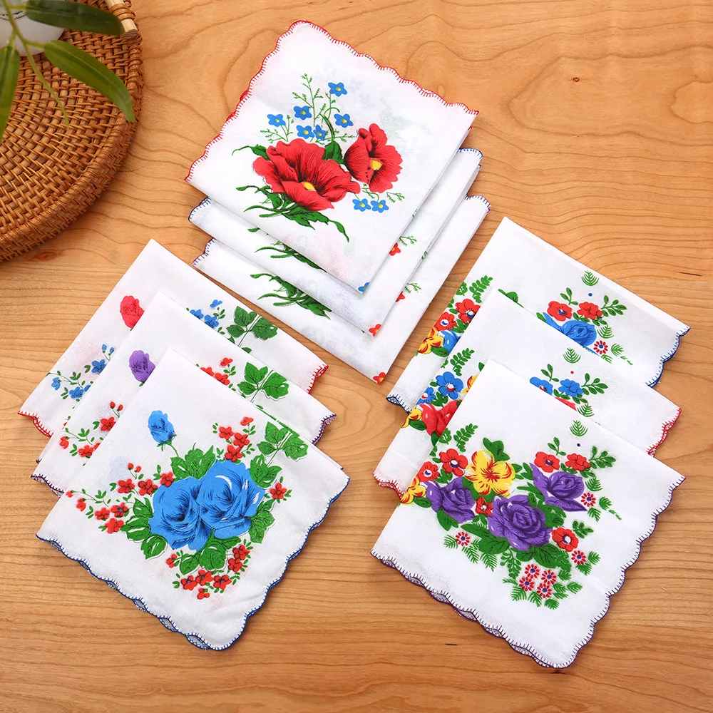 12pcs 100% Cotton Retro Floral Handkerchief for Women Light Absorbent Classic Scalloped Edge Pocket Square Hankies