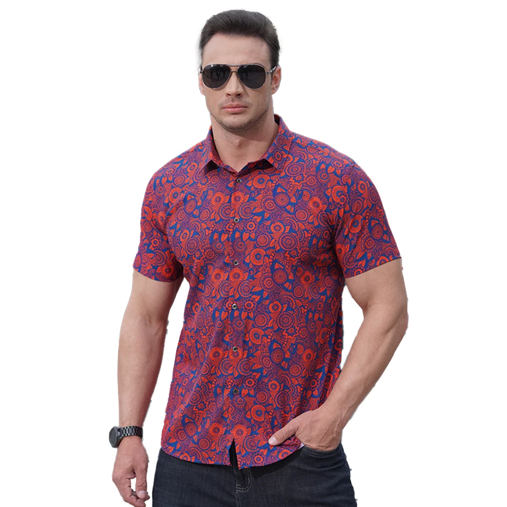 سترة رجالية فضفاضة بالطباعة الرقمية ، قميص عمل قصير الأكمام ، غير رسمي كبير الحجم ، بيع التخليص ، البيع بالجملة ، انخفاض الشحن