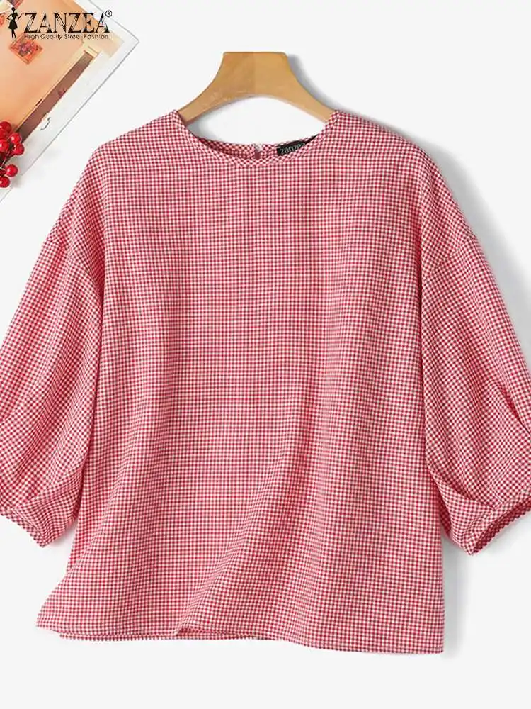 ZANZEA Summer Tops Tunic Femme Elegant 3/4 Sleeve Grid Prints Shirt Women Fashion Checked Blouse Casual Baggy Work Blusas Mujer