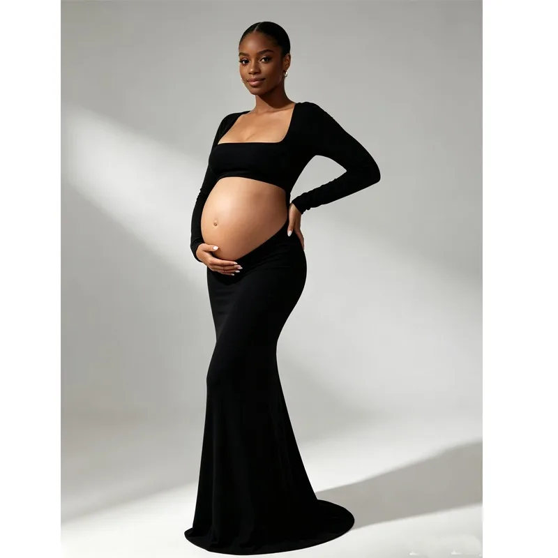 Maternity Photoshoot Long Mermaid Dress, Square Neck Cut Out Belly Open Back Pregnancy Gown, High Elastic Slim Maxi Dress view 3
