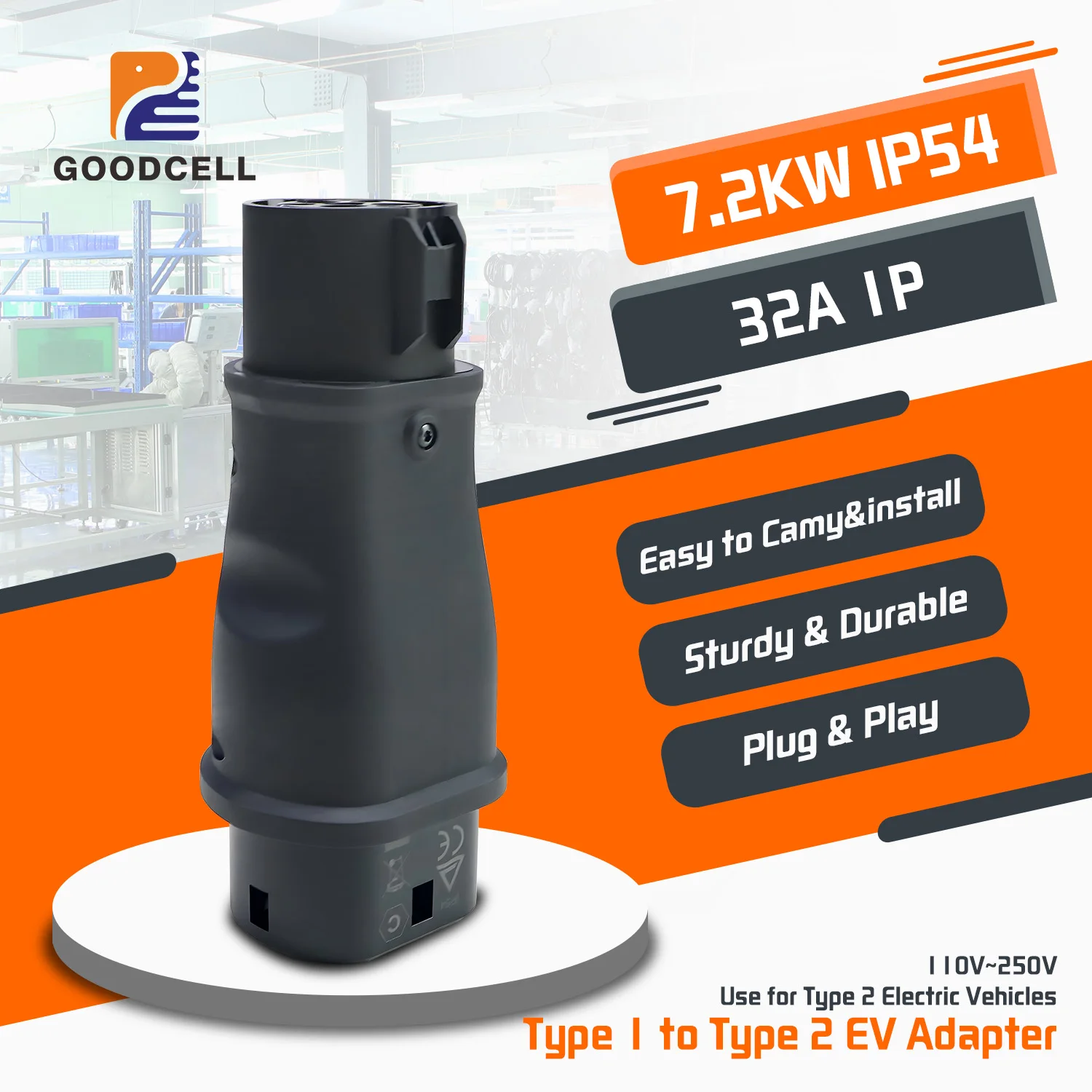 

Адаптер для зарядки электромобилей Goodcell 7,2 кВт, тип 1, SAE J1772 к Type 2, IEC 62169, домашняя зарядка, стандарт ЕС для электрогибридных автомобилей
