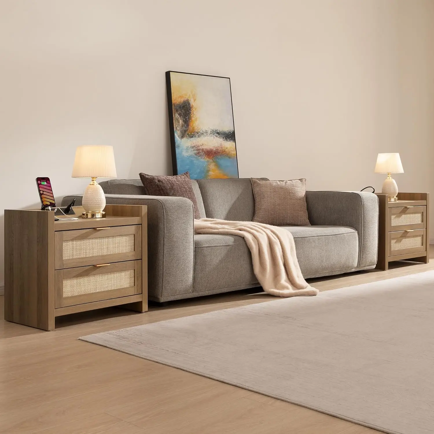 مجموعة من طاولتين ليلتين مع شحن من النوع C، درجين - طاولات جانبية لسرير بوهو للمساحة الصغيرة - بلوط طبيعي #2