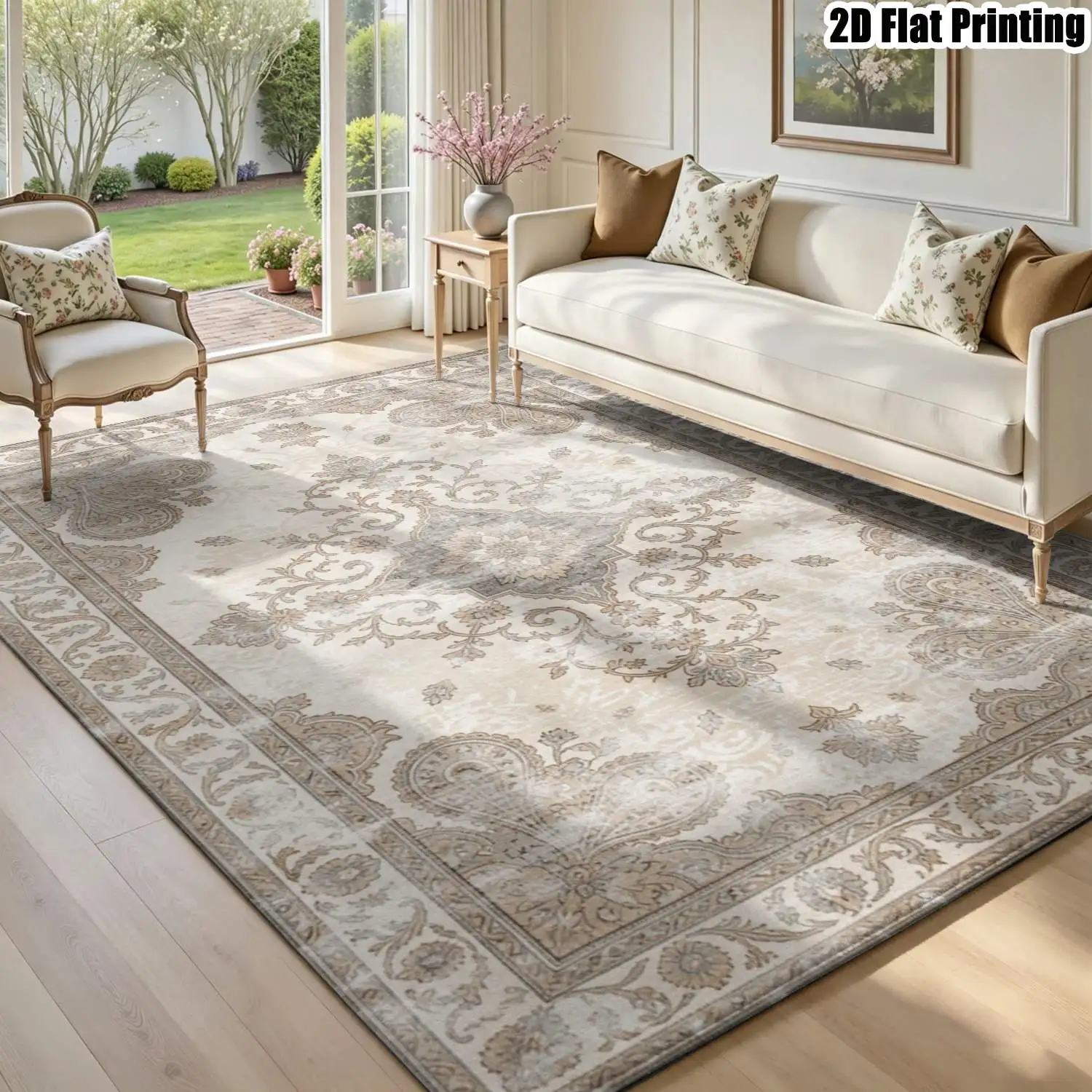 1Pc 2D Printed Beige Retro Geometric Bohemian European Carpet, Multi-Size, Machine Washable, for Entrance, Dining, Foyer, Bedroom, Living Room Home Decor