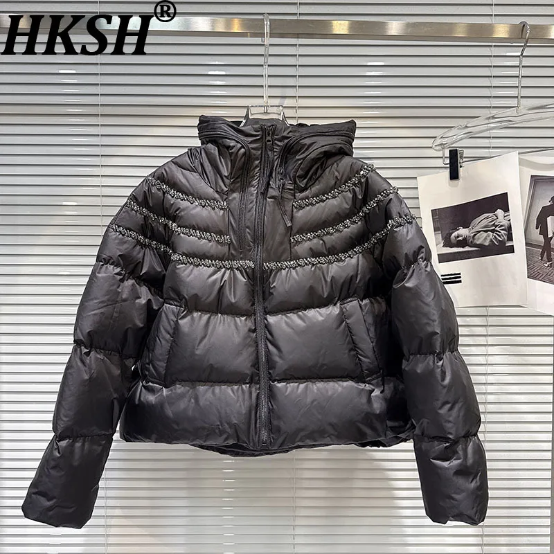 

HKSH 2025 Winter New Women's Padded Coat Hooded Studded Diamonds Zipper Versatile Elegant High Street Warm Wadded Jacket HK16017