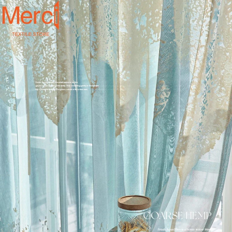 

Curtains for Living Dining Room Bedroom Blue Leaves Light-transmitting French Opaque Gauze Curtain Cut Velvet Customization