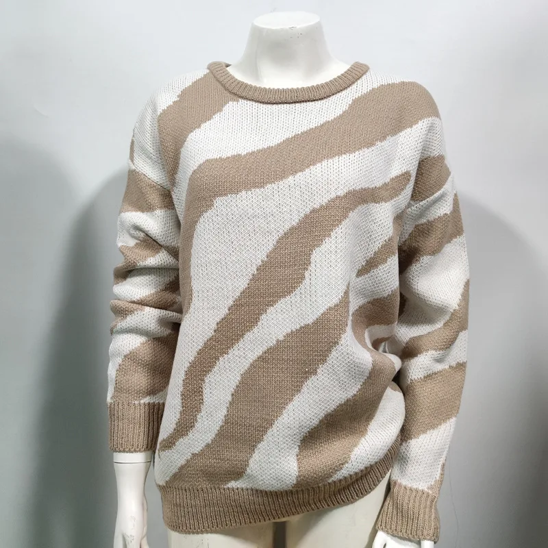 Women's Sweater 2023 Autumn Winter New Crew-Neck Long-Sleeved Zebra Print Sweater