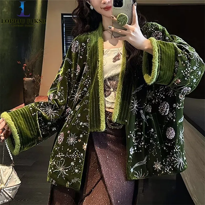 2026 Frühling und Herbst Baumwollmantel für Damen, Perlen-Samtjacke, Stickerei im Chinesischen Stil Neue Oberbekleidung für Frauen