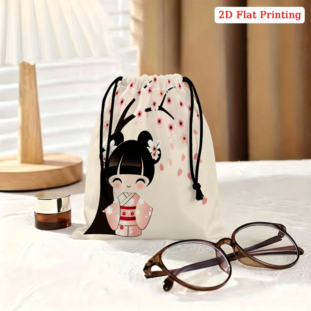 1pc Japanese Style Drawstring Bag White Anime Girl Sakura Pattern Storage Small Pouch For Travel Cosmetics Jewelry Organizer Por