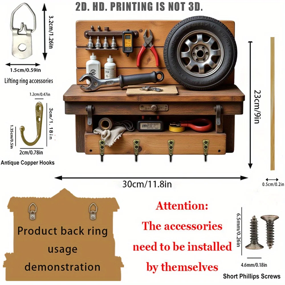 2D flach, 1 Stück, Vintage-Werkzeug-Schlüsselhaken, multifunktionaler Schlüsselhalter aus Holz für Zuhause mit vier Metallhaken, Wanddekoration, Veranda