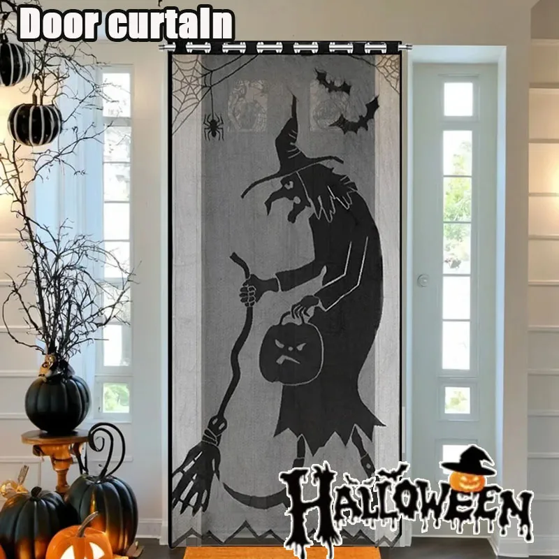 1-4PCS Black Lace Halloween Curtain Skull Witch Spider Web Pattern Window Door Drape for Home Office Party Haunted House Decor