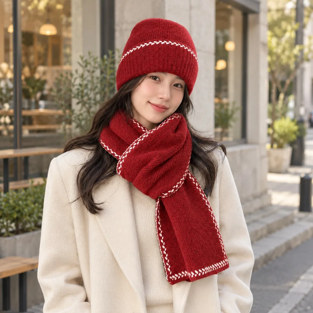 Women Winter Knit Hat Scarf Set 2 Piece Cuffed Beanie Long Neck Scarf Contrast Stitch Trim Autumn Outdoor Accessories