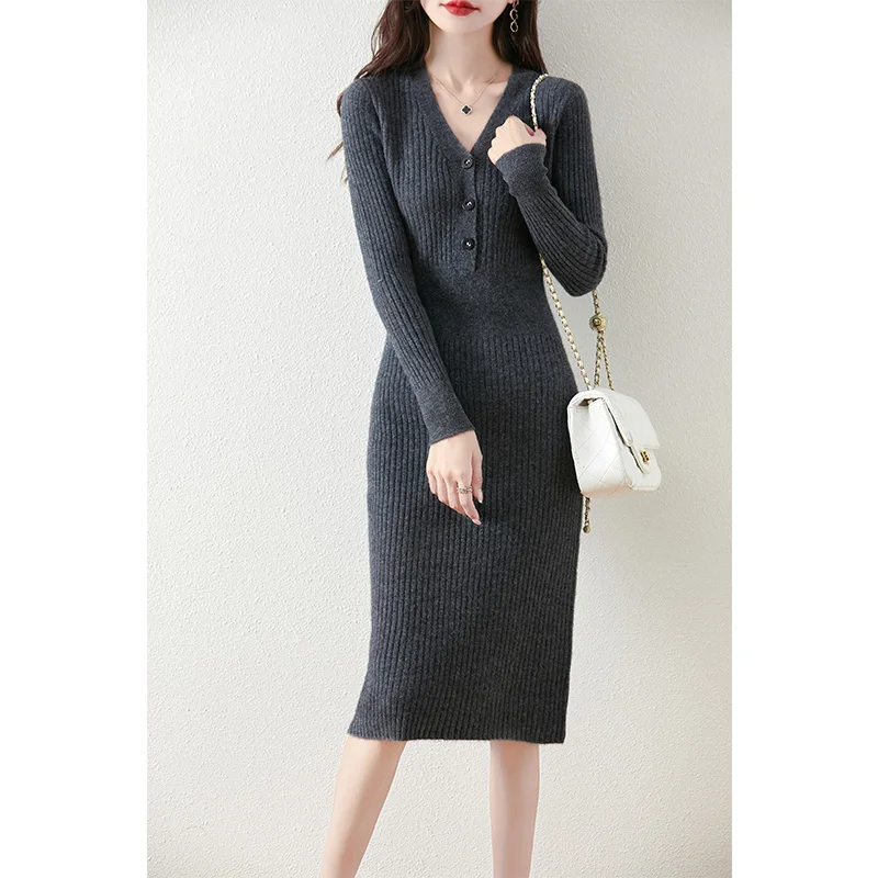 

New Women's Wool Slim Dresses V-Neck Pullovers Sweater Autumn Winter 100% Merino Wool Knitwear Fashion Office Lady Long Dress