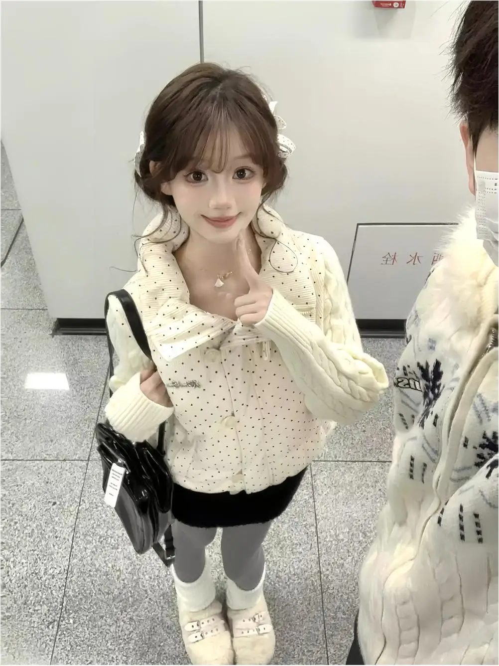 

Korean Fashion Polka Dot Knitted Splicing Stand Collar Cotton Jacket Women's Autumn Winter College Style Thickened Small Size...