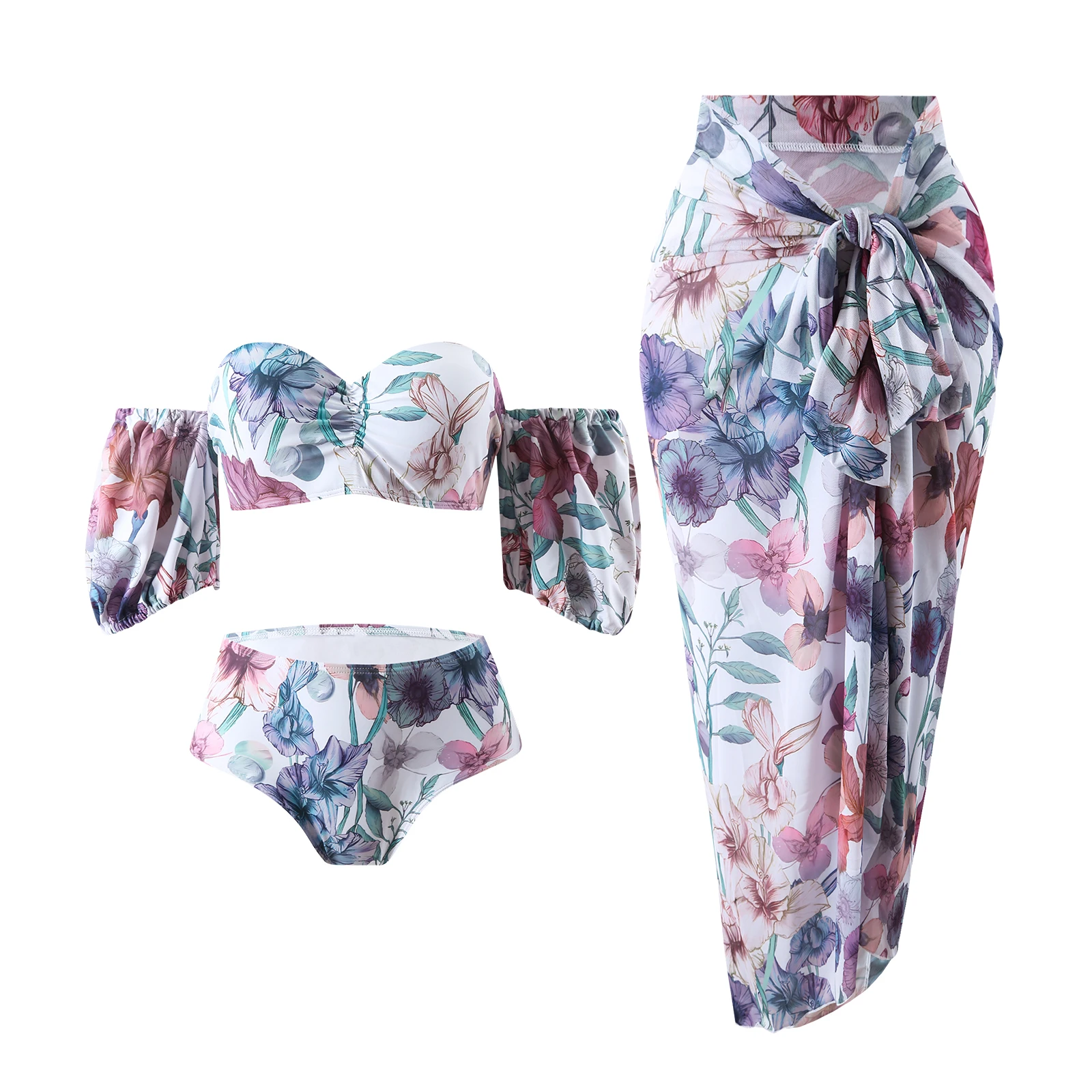 

SUNSIREN Floral Print Strapless Bikini Women Elegant Lantern Sleeves Separate Swimsuit Push Up Bikinis Set With Cover Ups Summer