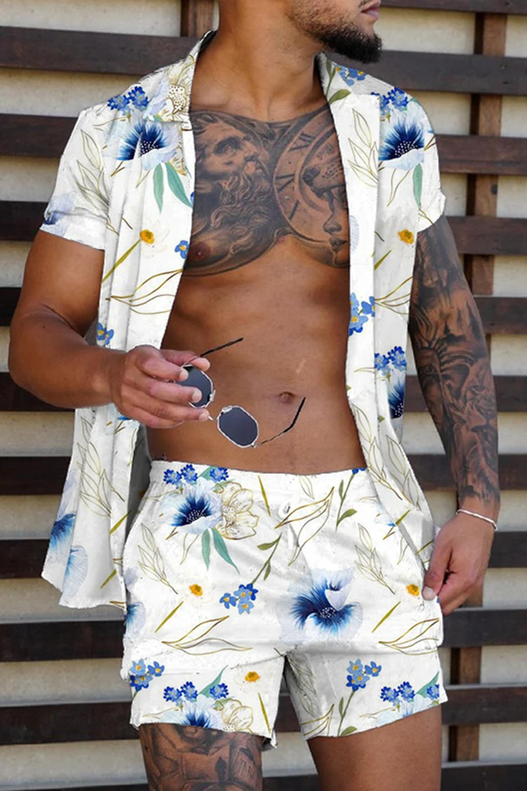 Fashionable Hawaiian printed men's 2-piece set luxurious 3D printed holiday set short sleeved casual beach shirt 2-piece men's