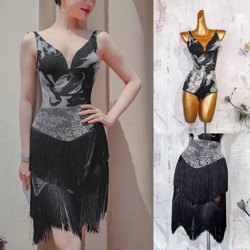 

Sexy Black Latin Dance Costume For Women New Lace Fringe Dance Skirt Sling Bodysuit Samba Salsa Dancing Practice Clothes VDL3963