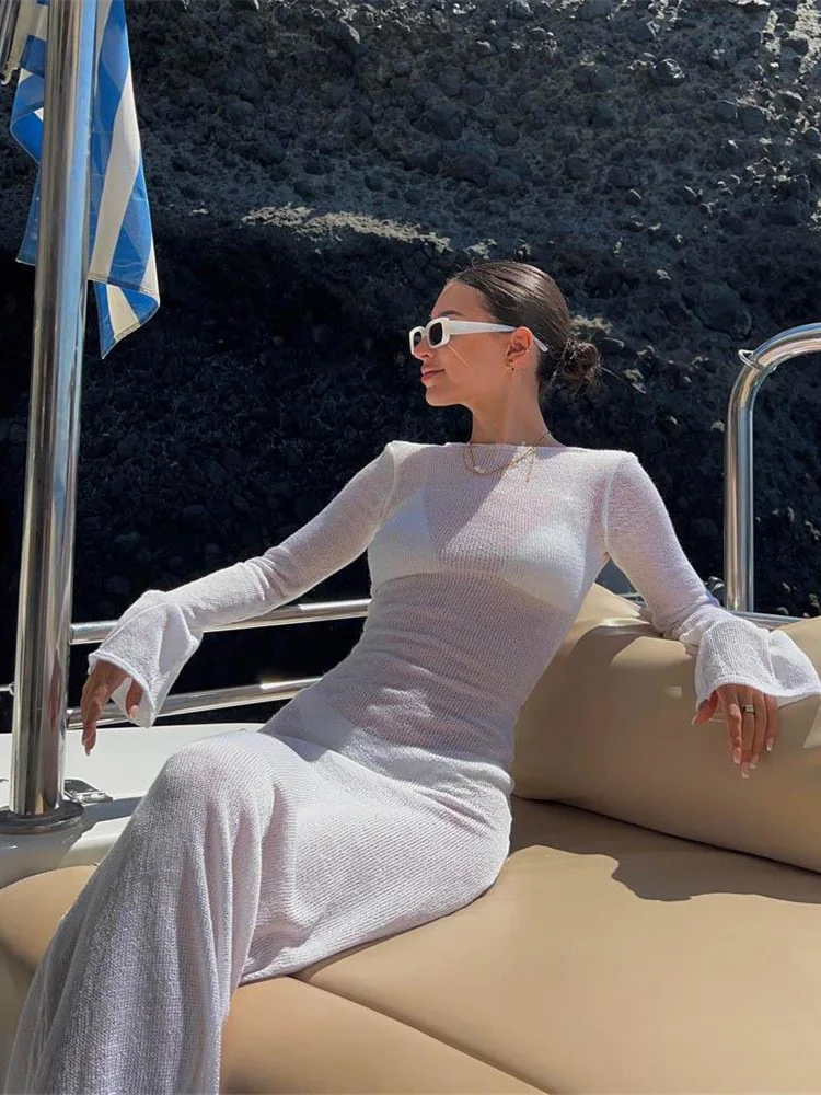 

SUSNIREN Sexy Beach Maxi Dress Women See-Through Backless Bikini Cover Ups Elegant Long Sleeve Transparent Beachwear Tunic Pareo