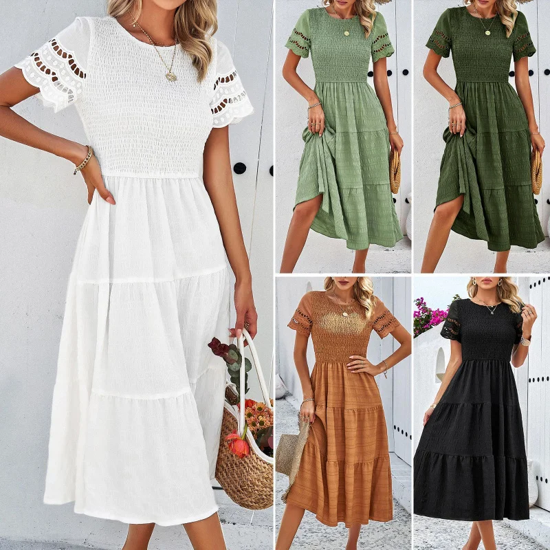 

Women'S Solid Color Temperament With A Pleated Hollow Dress