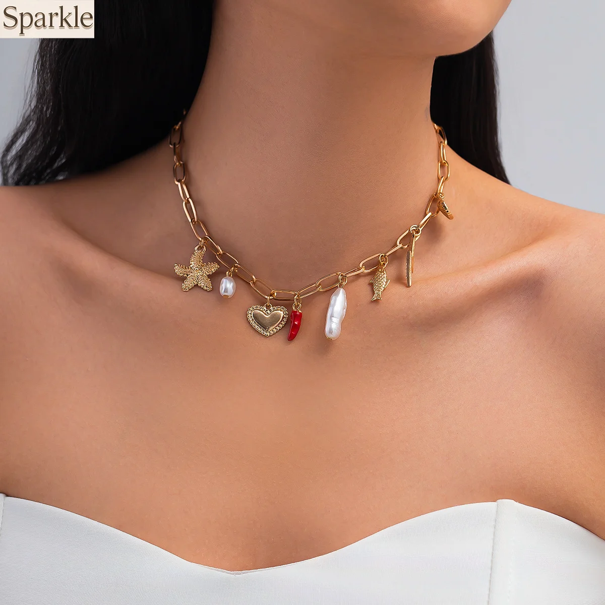 

Vacation-Style Alloy Clavicle Chain Cherry&Chili Enamel Pendants Vintage Sea-Inspired Design with Starfish&Shell Necklace