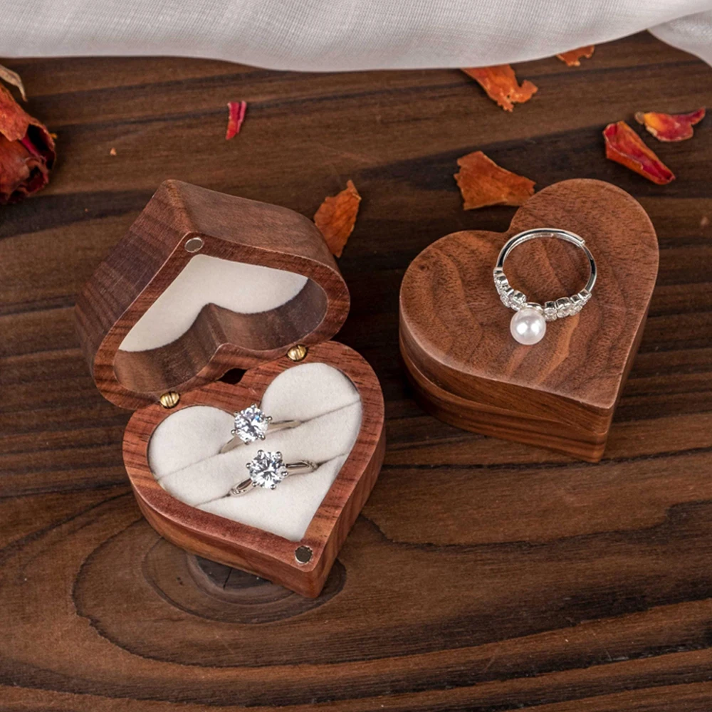 

Heart Classical Shape Wedding Ceremony Ring Box Walnut Wood Jewelry Boxes Proposed Wedding Jewellery Storage Organizer Ring Box