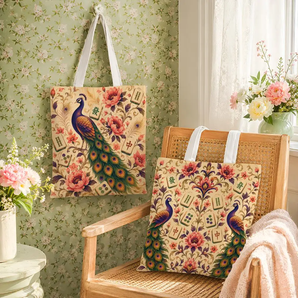 Phoenix & Peacock Mahjong Garden Storage Bags Reusable Canvas Tote Large Capacity Shoulder Carry For Shopping Travel Work School