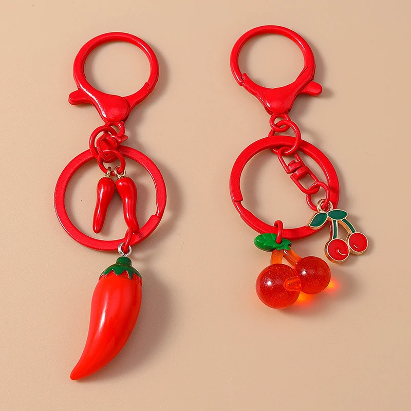 Aihua Lovely Cartoon Red Pepper Cherry Watermelon Keychains Simulation Vegetables Fruits Keyring Car Key Holder Bag Pendants