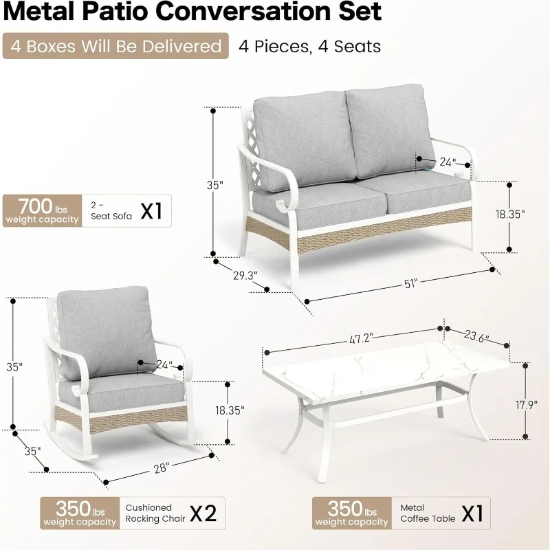 4 Piece Metal Outdoor Patio Furniture Set, Patio Conversation Sets 1 2-Seater Sofa, 2 Single Sofa with 5.75