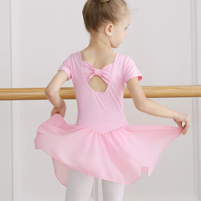 Leotardo de Ballet para niña con falda de tul de gasa, vestido de baile lírico con lazo para niños, mono de manga corta/larga, pajarita trasera, Ropa de baile