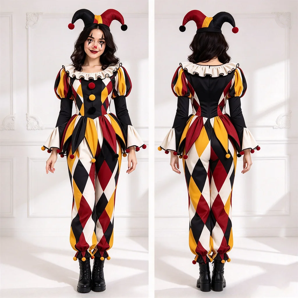 Disfraz de payaso de época para mujer, con estampado de arlequín, en negro, rojo y amarillo, con diamantes, y un mono con sombrero, ideal para Halloween, carnavales, fiestas y sesiones de cosplay.