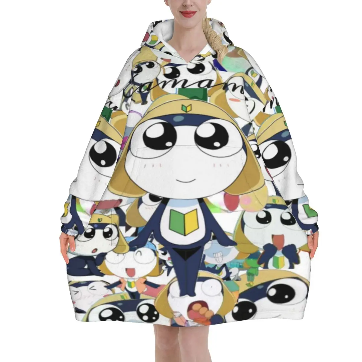 Oversized Keroro Gunso Wearable Blanket Winter Gifts for Women Men Ultrasoft Plush Warm Sweatshirt Blankets With Pocket