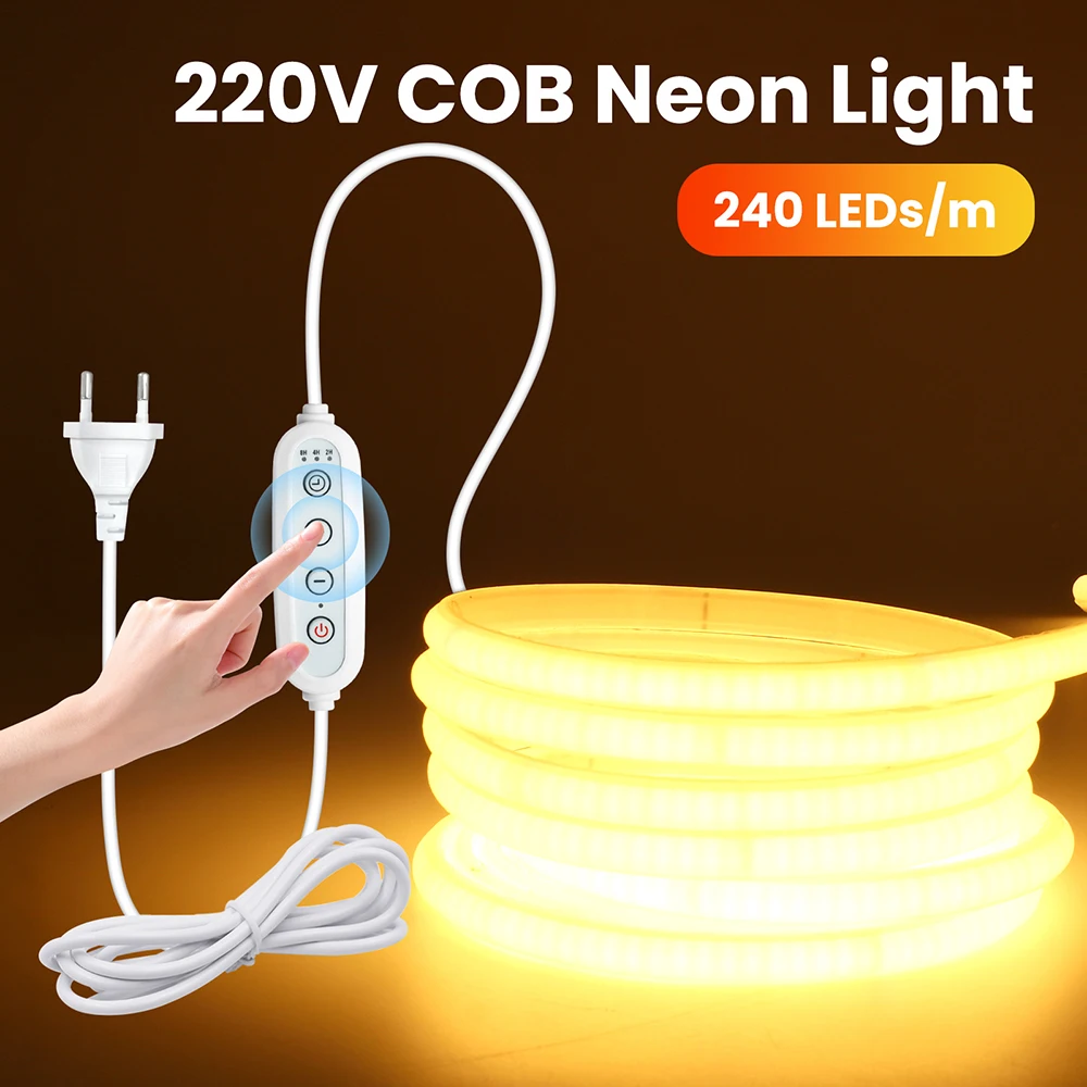 220V Dimmable 10cm Cut COB Neon LED Light Flex Strip with IC 240LEDs/m No Flicker Waterproof Adhesive Tape 3000K 4000K 6000K