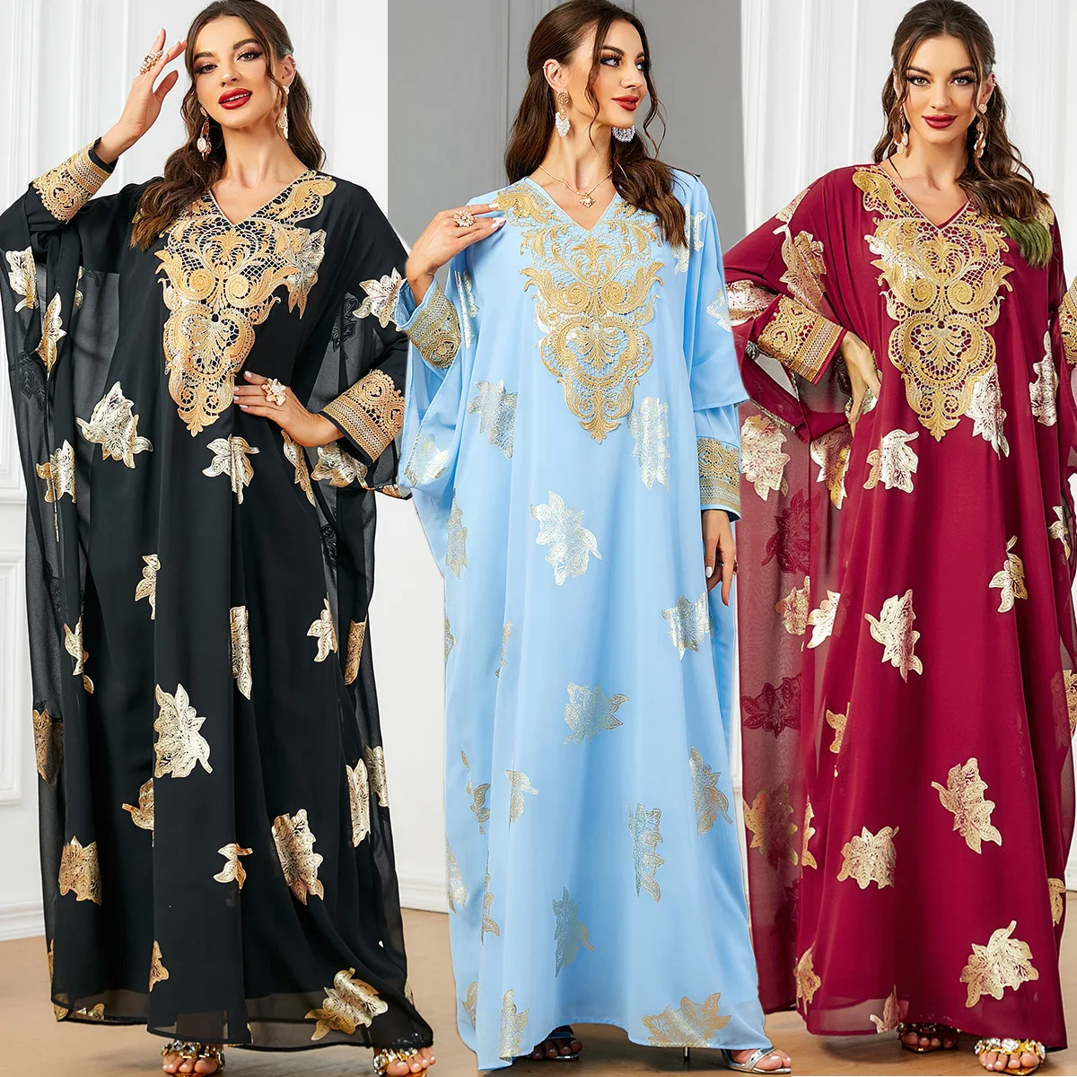 

3495 Dubai New Muslim Robe Gold Plated Arab Women's Loose Two Piece Set Dress