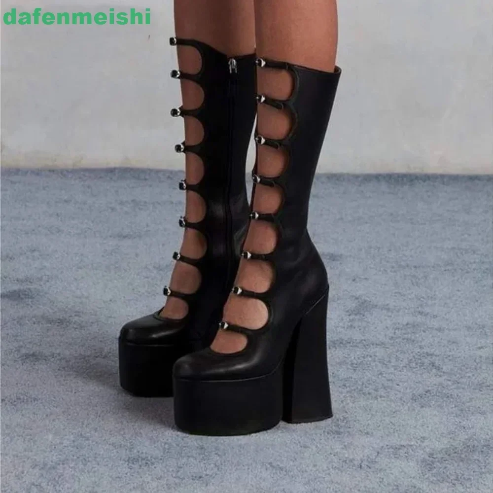 2024 New Hollow Mid-Calf Boots Platform Zipper Square Heel Buckle Strap Women Pole Dance Shoes Fashion Round Toe Sexy Boots