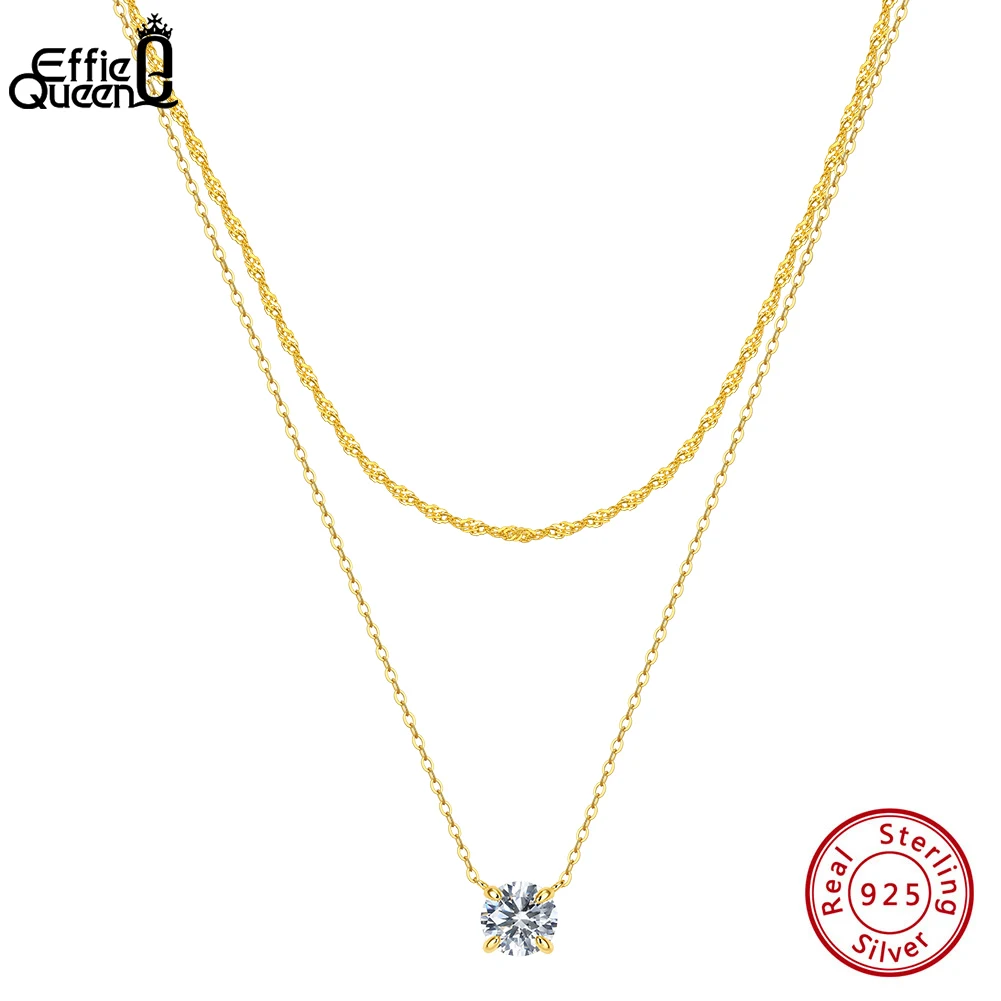 EFFIE QUEEN 925 Pure Silver Multilayer Chain Necklace 5A Crystal Zircon Charm Layered Pendant Neck Chain Fashion Jewelry BQN45