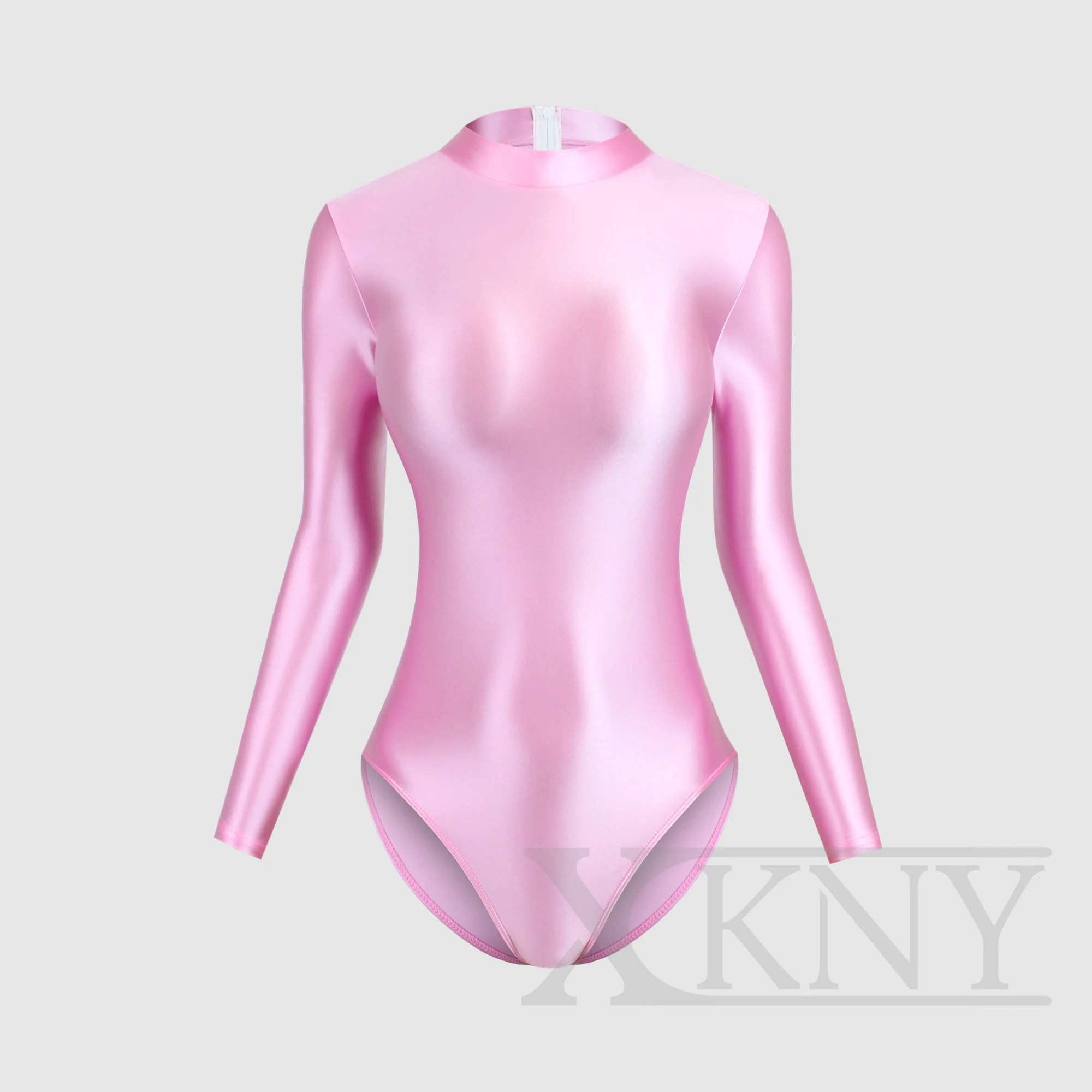 XCKNY-traje de baño de satén brillante de una pieza para mujer, medias aceitosas, sexy, ajustado, brillante, tenedor alto, manga larga, camiseta de