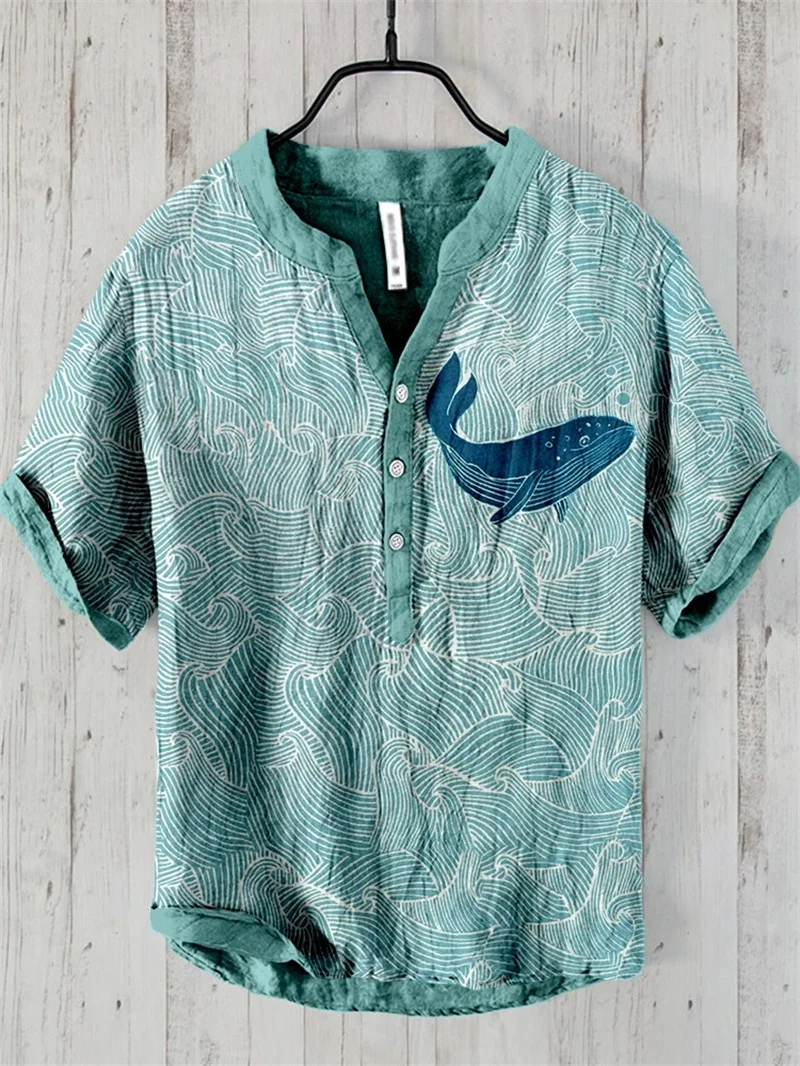 Summer Japanese water monster pattern printed men's short sleeved shirt Hawaii new giant monster shirt